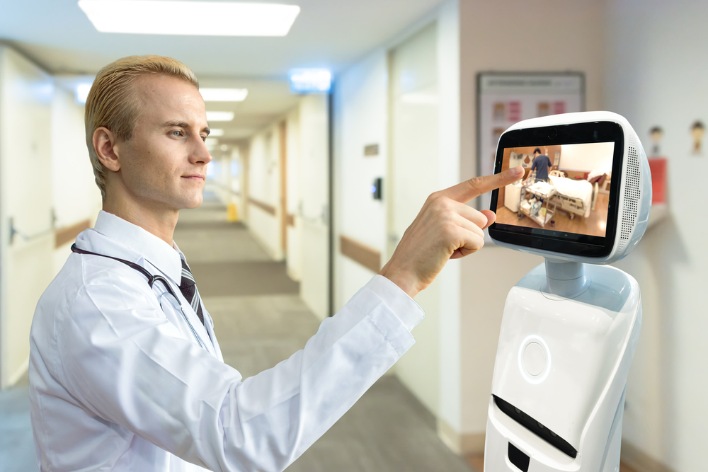 A healthcare robot in a hospital corridor