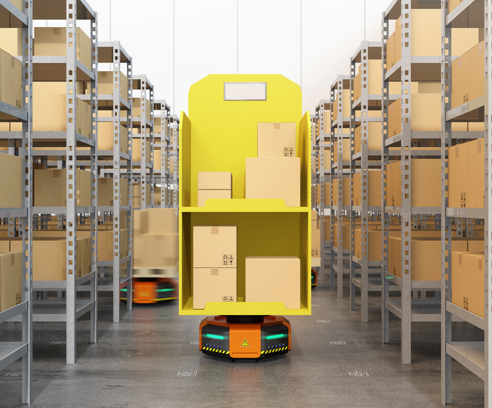 Orange autonomous mobile robot (AMR) carrying shelf of goods.  