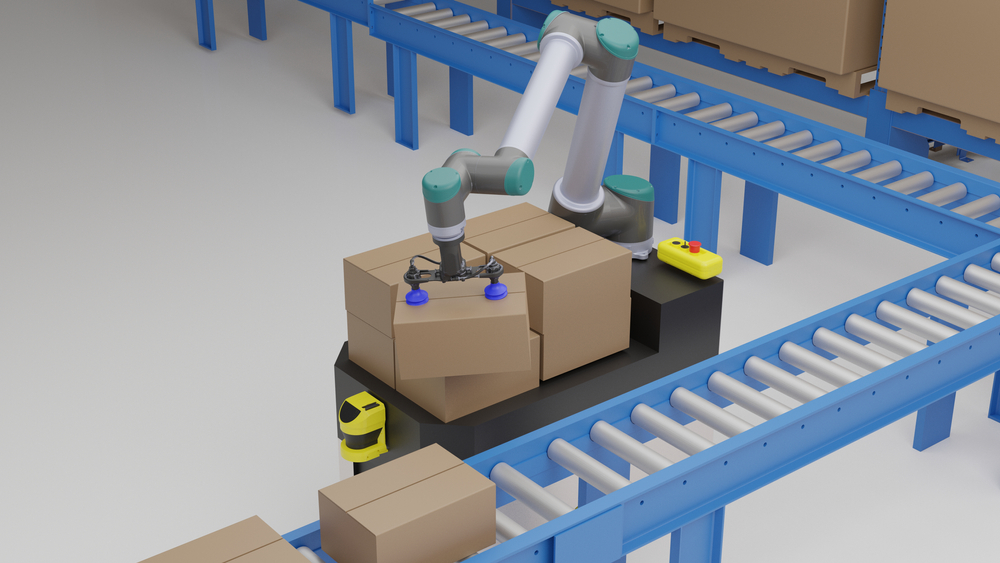 Robot arm on top of autonomous mobile robot (AMR) putting box on conveyor betl in warehouse or factory