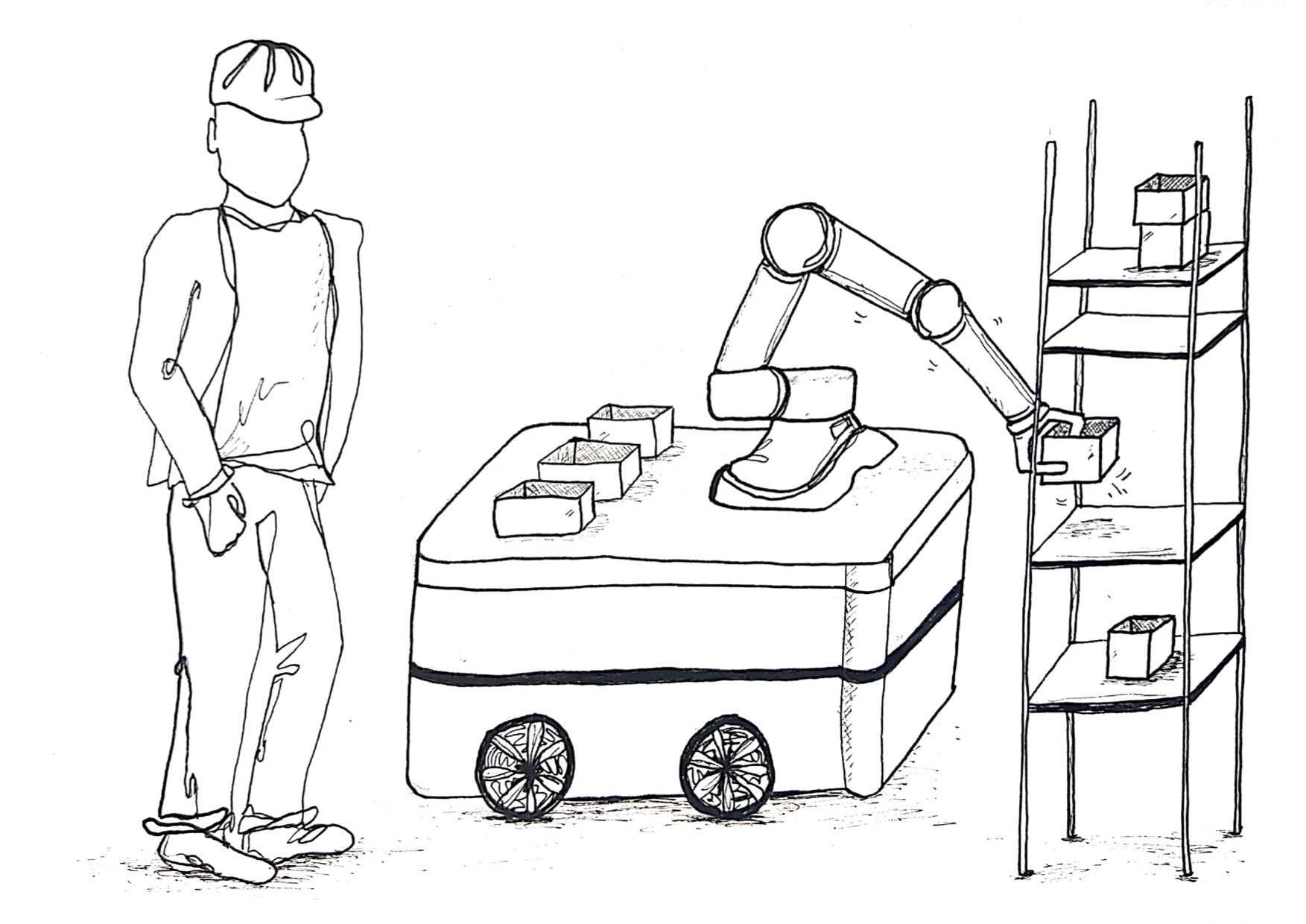 An AMR with a mounted collaborative robot picking up boxes