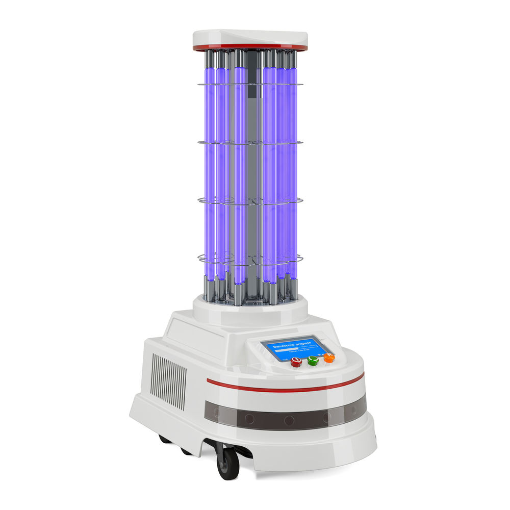 UV disinfecting robot. Vertical, purple, tubular lighting elements on top of a base with wheels. An autonomous mobile robot for disinfection.