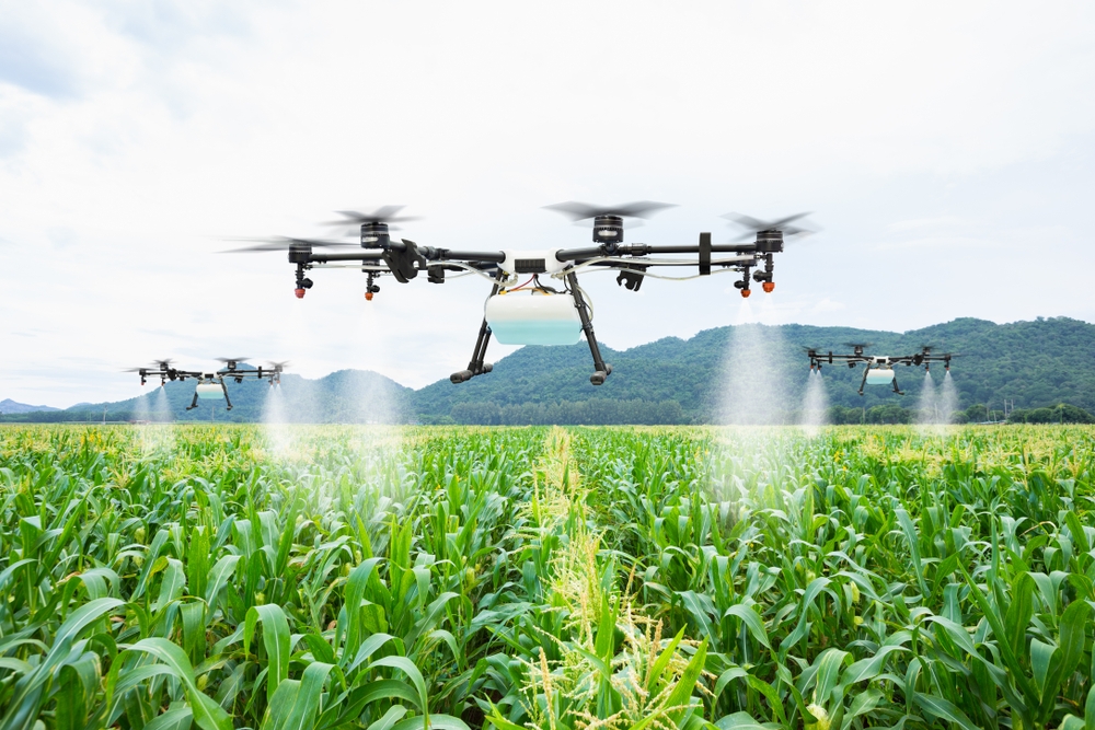 Agricultural spraying robots hover low over field of crops. White mist comes from multiple nozzles on the drones.
