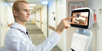 A healthcare robot in a hospital corridor