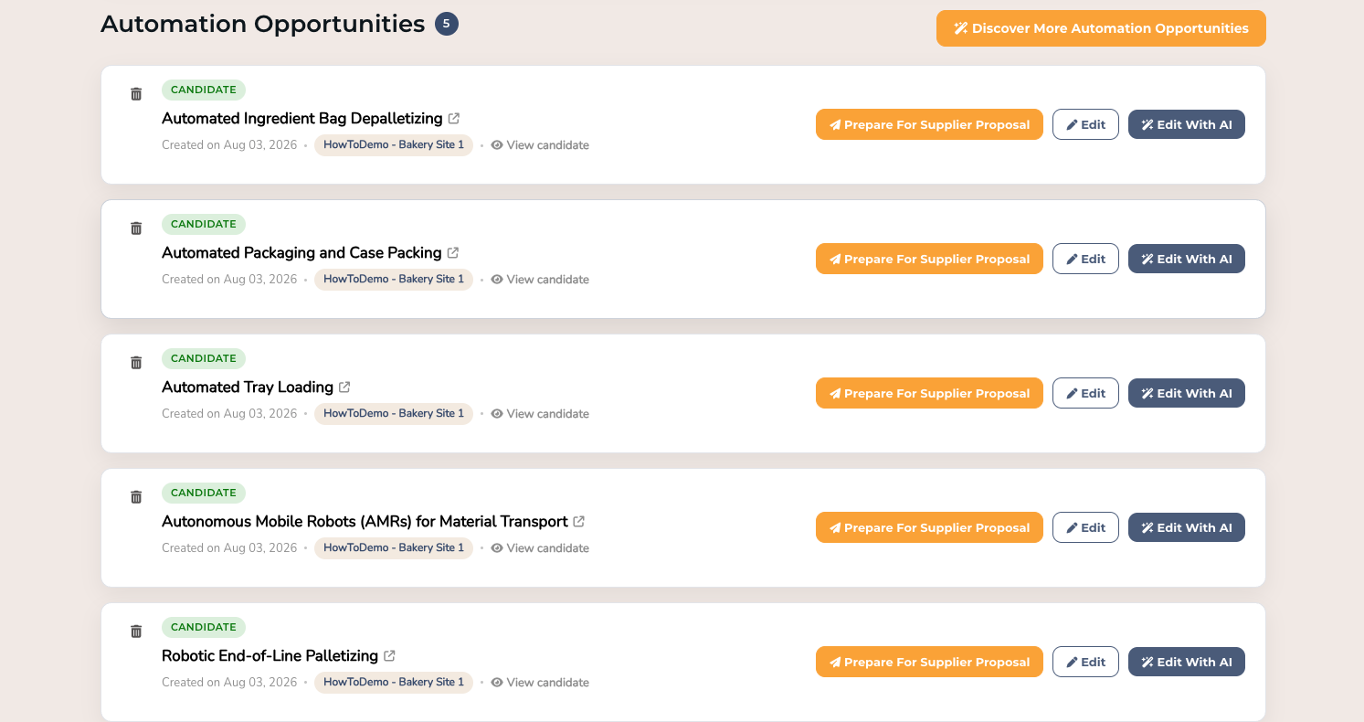 Dashboard of saved automation opportunities, ready to prepare as supplier proposals