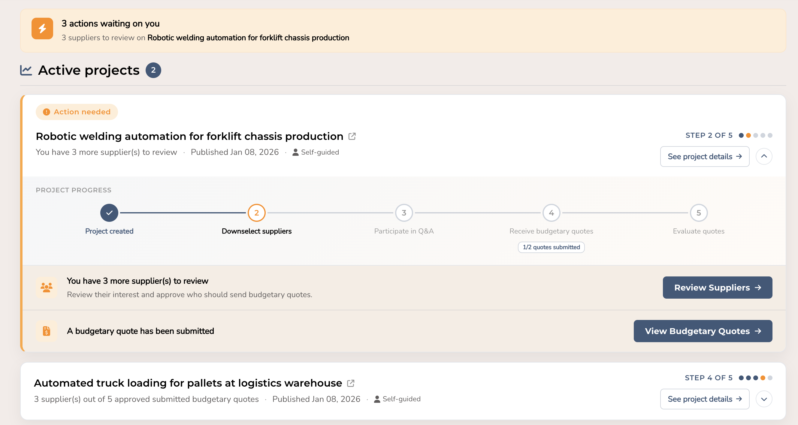 Active project tracker showing progress through supplier downselection and budgetary quotes