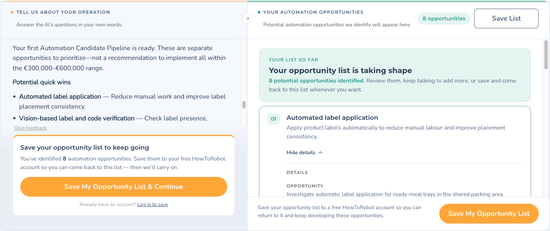 AI-built list of automation candidates, prioritized into near-term and strategic opportunities