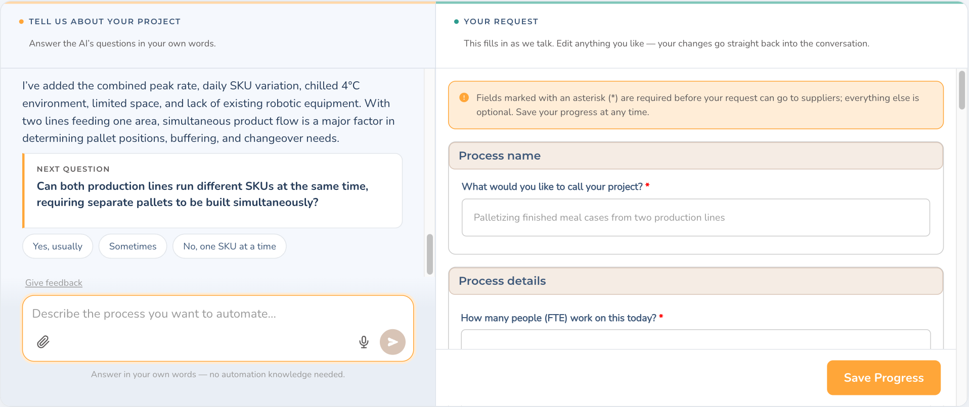 AI drafting a structured, supplier-ready RFI from a conversation, with the request form filling in live