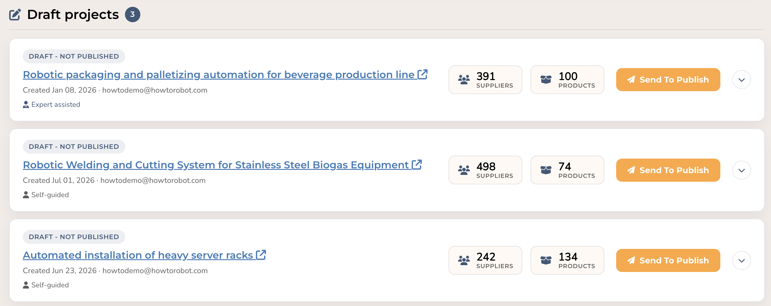 Draft projects list showing supplier and product counts for each brief, ready to publish