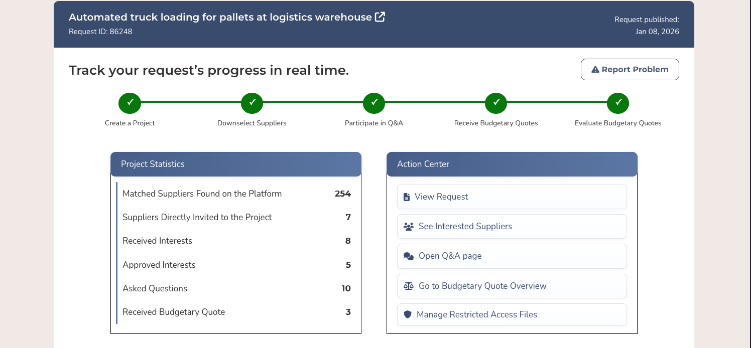 List of suppliers who submitted budgetary quotes for a project, each ready to view side-by-side