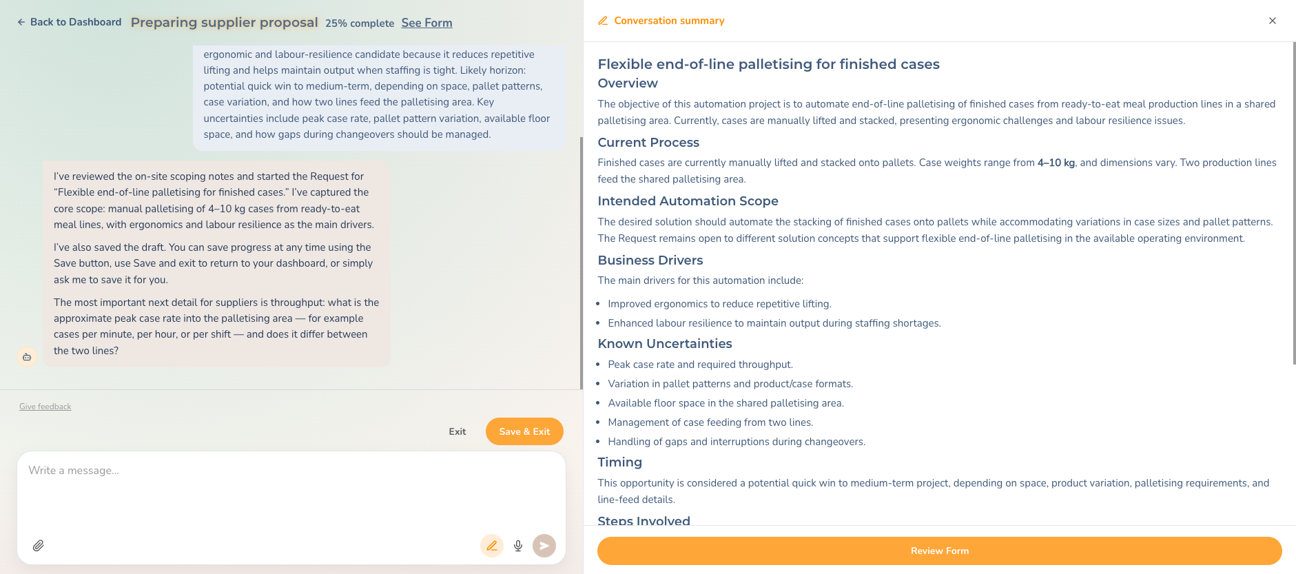 AI drafting a structured, supplier-ready RFI from a conversation, with a live summary of scope and requirements