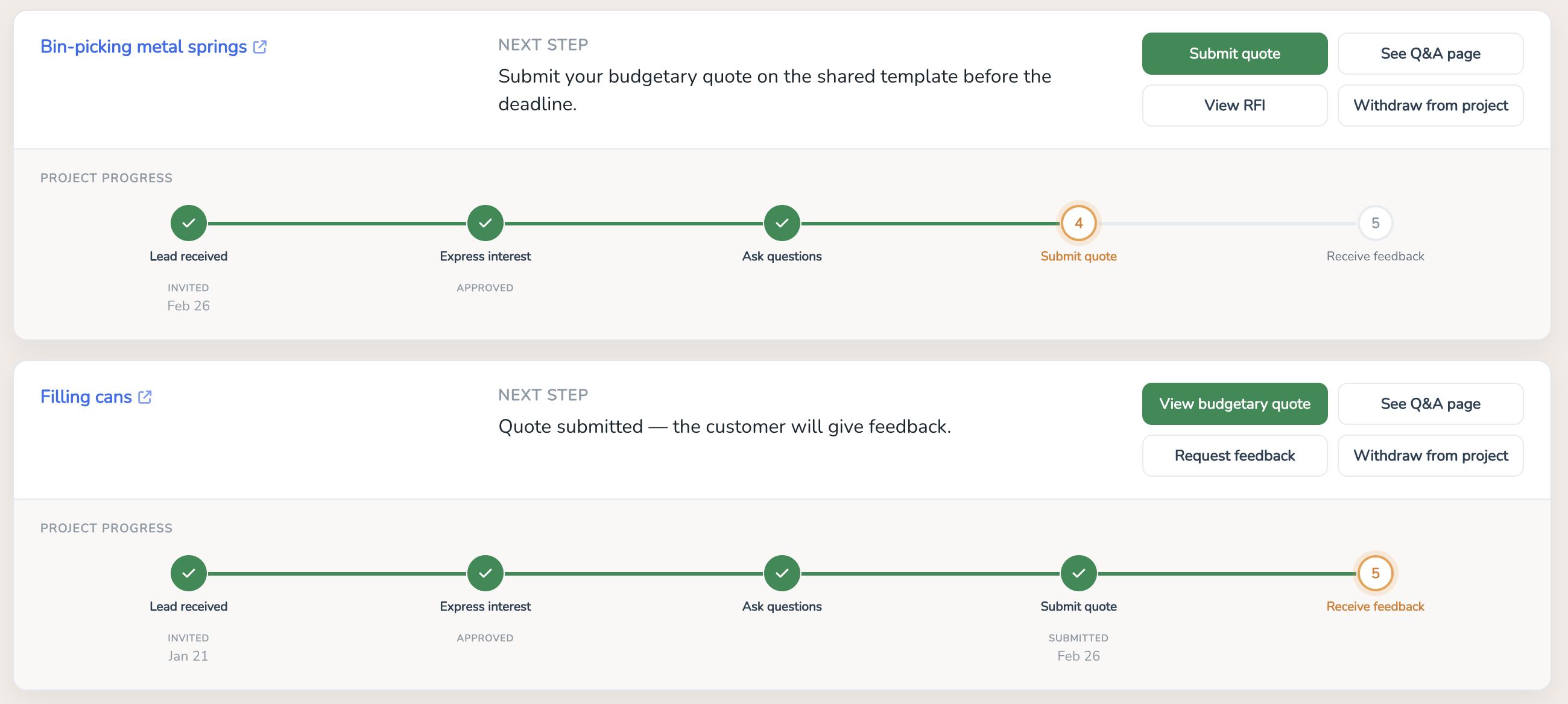 Supplier dashboard showing matched projects, next steps, and progress toward each deadline
