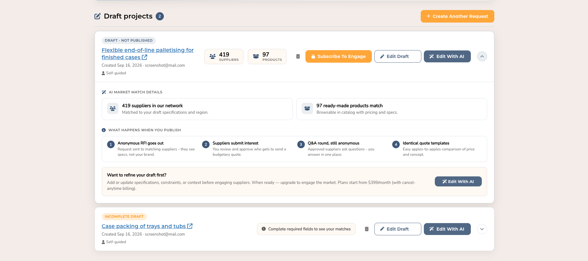 Active project tracker showing progress through supplier downselection and budgetary quotes