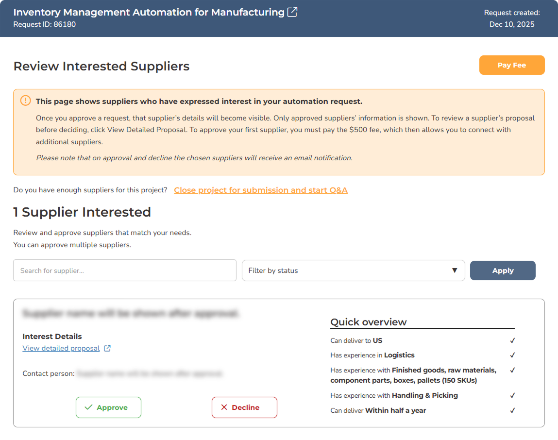 Interested supplier card